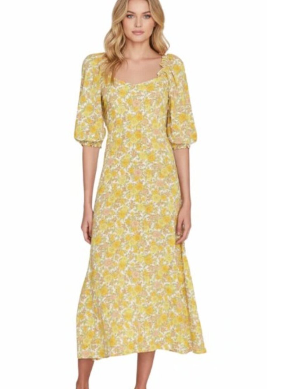 Faithfull The Brand Bronte Midi Dress Yellow Floral Puff Sleeve 10